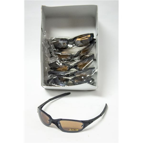 12 PAIR OF BLACK WITH BRONZE LENS SPORT SUNGLASSES