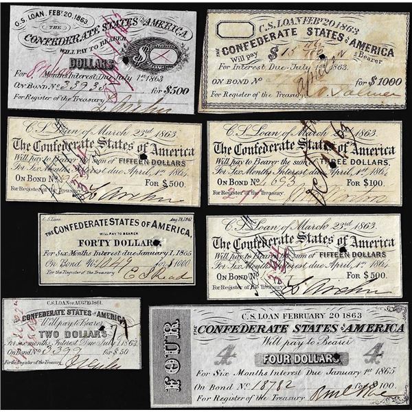 Lot of (8) Assorted 1861-1863 Confederate States of America Bond Coupons