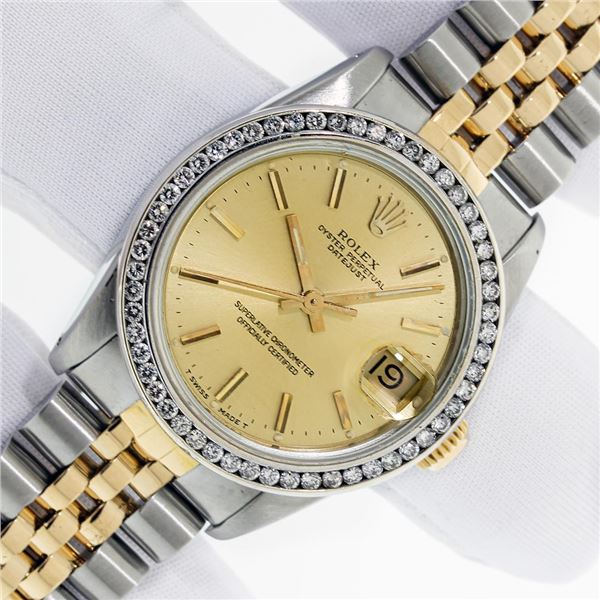 Rolex Ladies Midsize Two Tone Champagne Index Diamond Datejust Wristwatch