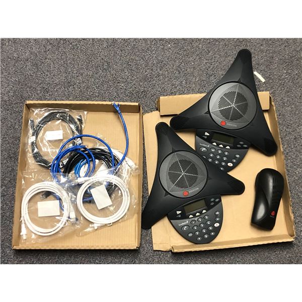Set of 2 Polycom SoundStation2 phones w/ Wall Module & assorted ethernet cables