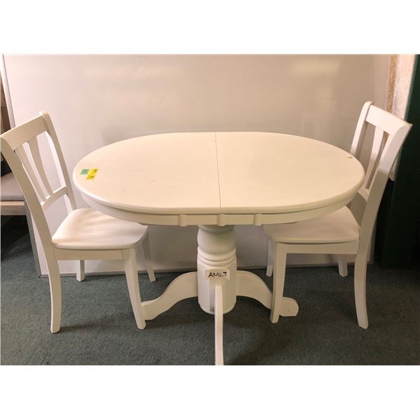 White kitchen table w/jackknife leaf & two chairs 41 in 42in