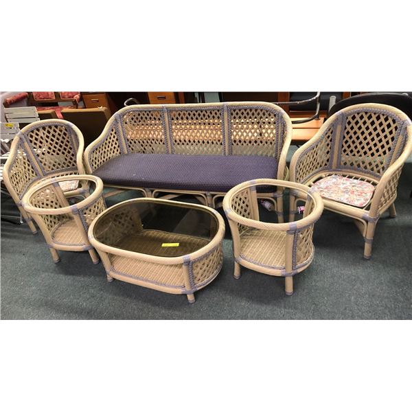 6 piece rattan patio set includes sofa, two chairs, coffee table w/glass, & two end tables w/o glass