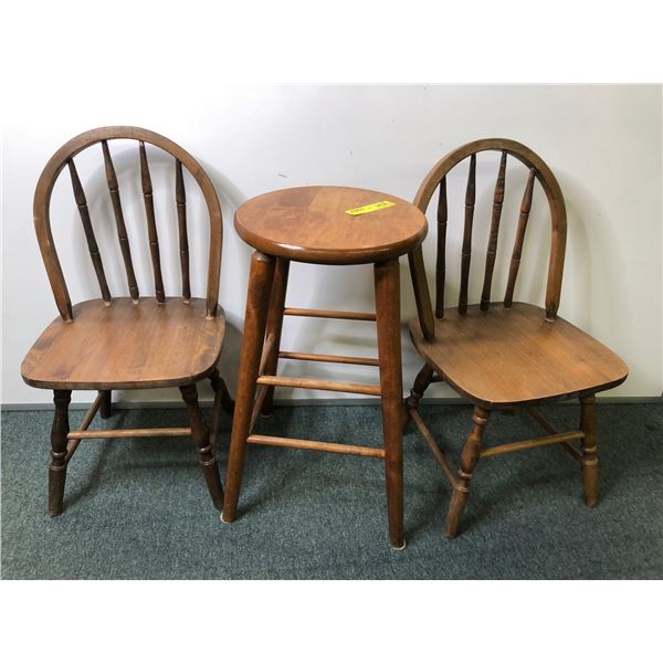 Wooden stool & 2 wooden childs chairs