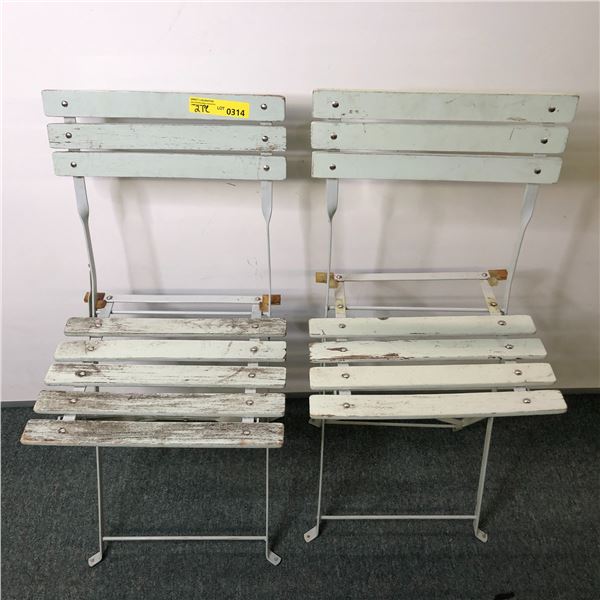 Pair of wood slat metal folding chairs