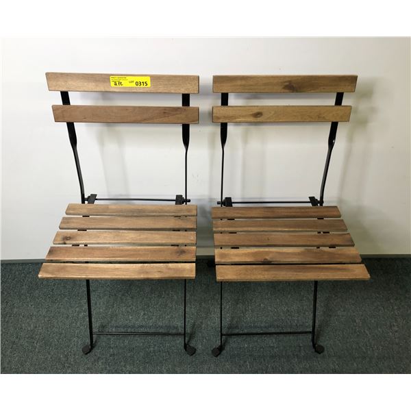 Pair of wood slat metal folding chairs