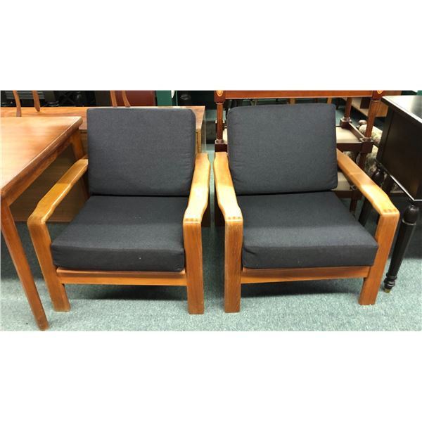 Pair of wooden slatback padded armchairs
