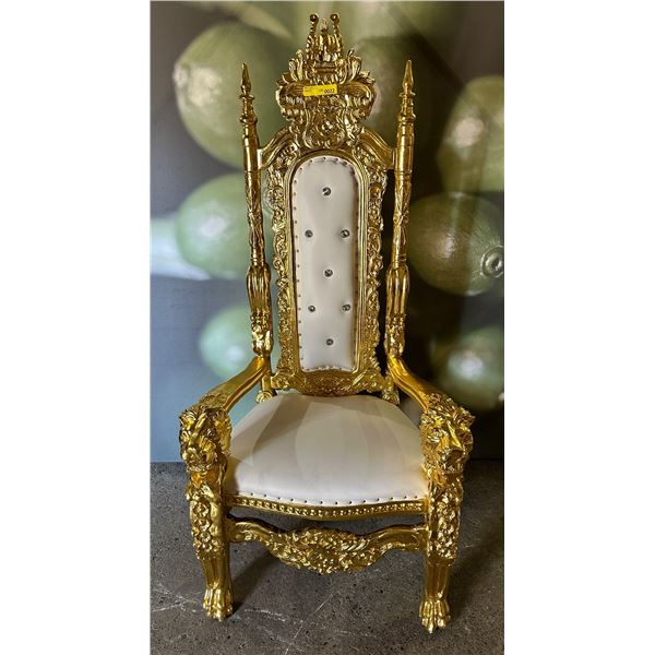 King's Throne Chair in Stock Gold Leaf w/white leather-Retails: $2000 approx. 69inH x 32inW x 25inD