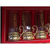 Image 3 : Lot of cased glasses w/gold bottom, gold plated spoons, colourful tea set & spoons