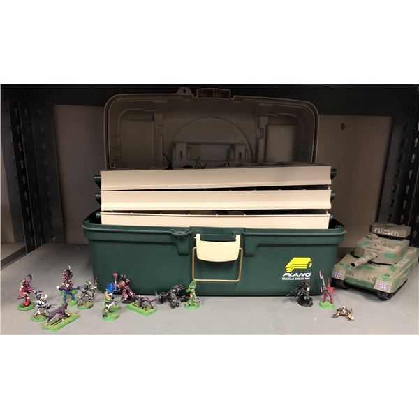 Lot of misc miniature figurines, Plano Tackle System case, Fujigen army tank