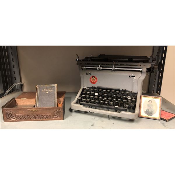 Lot of vintage E.E. Shaw Co typewriter & vintage box full of misc items; Tennyson birthday book, min