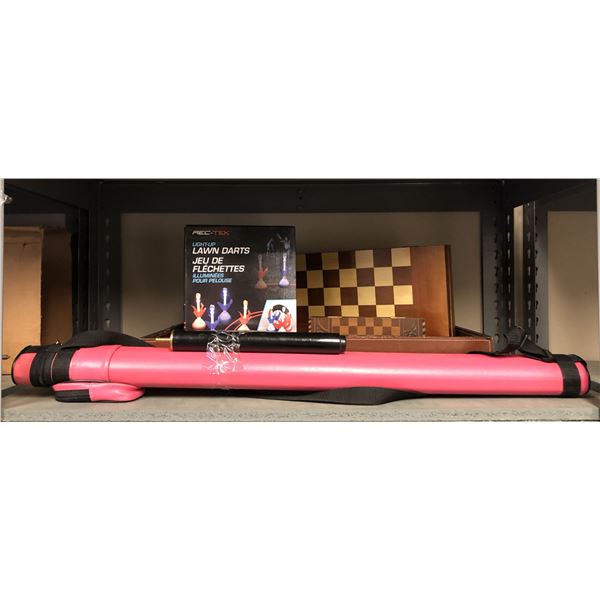 Lot of misc two checker boards, light-up lawn darts, cue stick w/case, etc...