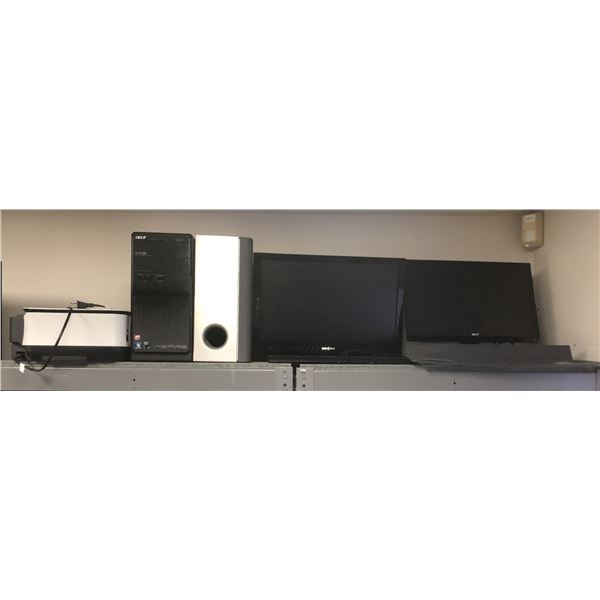 Lot of printer, Acer Aspire desktop, Acer monitor w/keyboard, Insignia monitor & Sony base