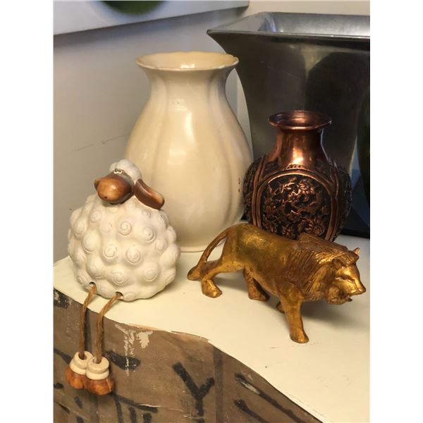 Lot of misc decor vases, gold lion, octopus legged bowl, sheep, fish decor, etc...