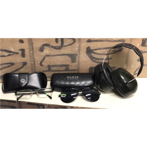 Lot of glasses, sunglasses, earmuffs, cases for glasses