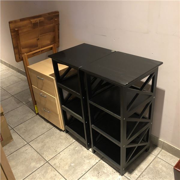 Lot of misc furniture tv tray, 3 drawer nightstand, 2 stands with cubbies
