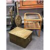 Image 1 : Lot of antique fireplace bellow, fireside tool set, chest, & small table