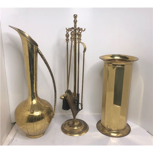 3 Piece brass lot includes - companion set, umbrella stand & vase