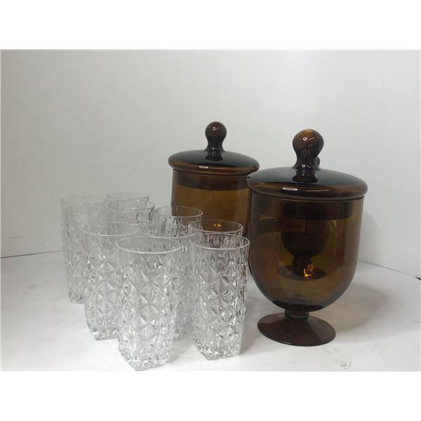 3 Glass canisters & 11 glasses