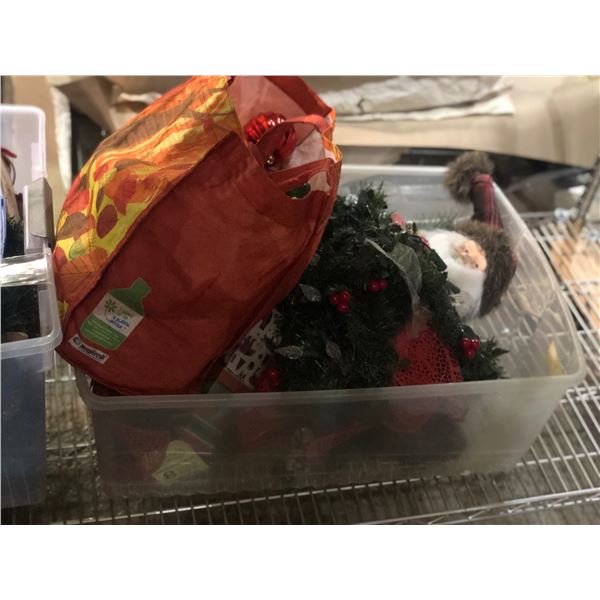 Group of 2 bins full of assorted Christmas decorations