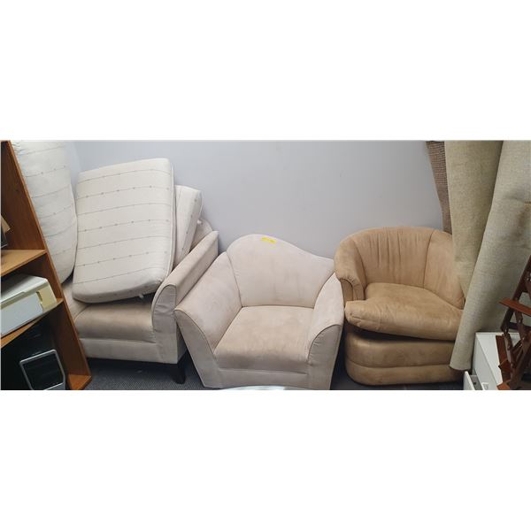 Group of 3 assorted sofa chairs w/ extra cushions