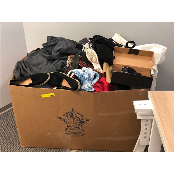 Large box full of assorted clothing/ bedding/ pillows etc.