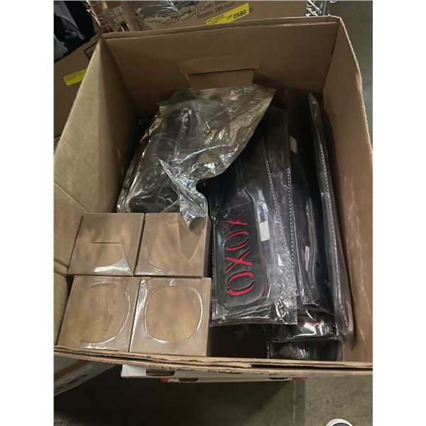 Box lot of sex toys - includes 5 black silicone toys/25 leather paddles & 4 masturbeting cups