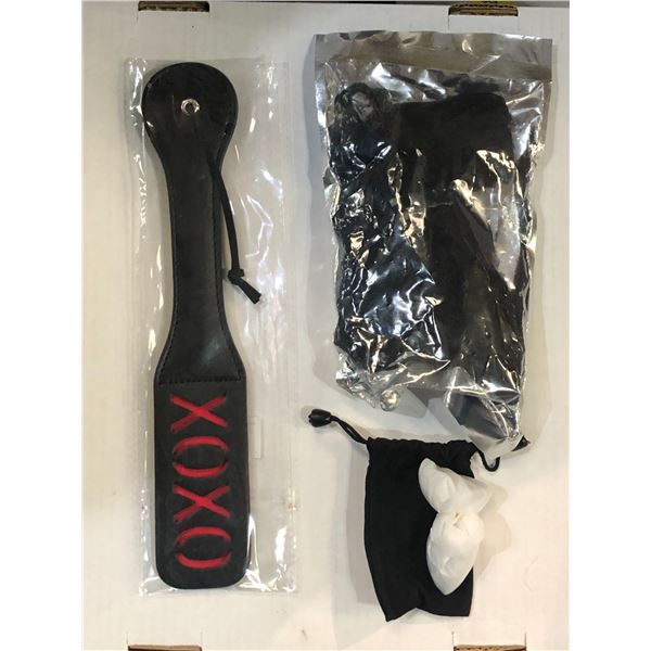 Box lot of sex toys - includes 20 leather paddles & 20 3-pack stainless steel heart-shaped butt plug
