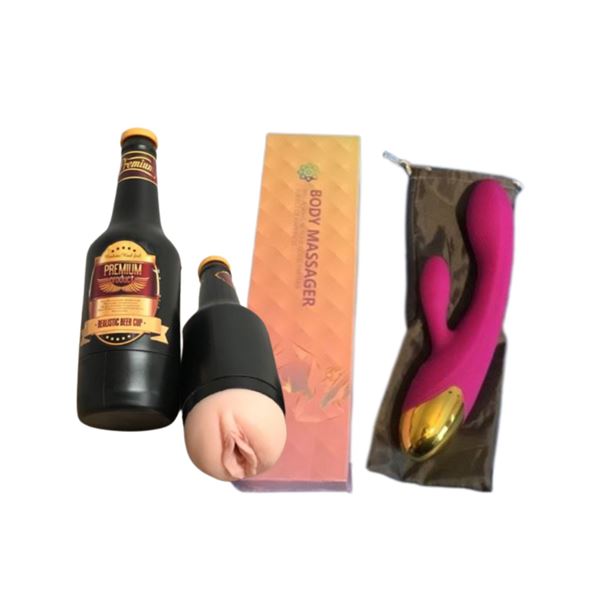 Box lot of sex toys - includes 5 body massagers & 15 beer bottle cups