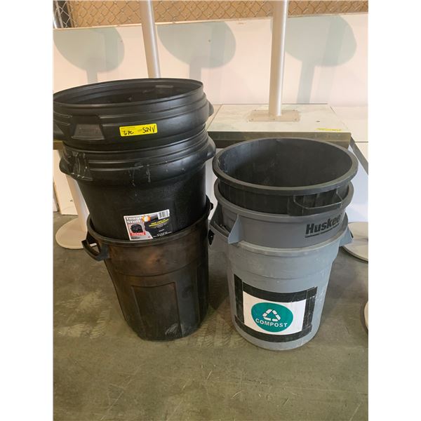 6 assorted garbage cans