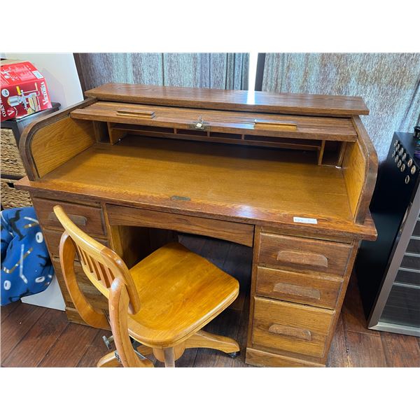 Rolltop Desk & Wood Chair 30D x 48W x 38H