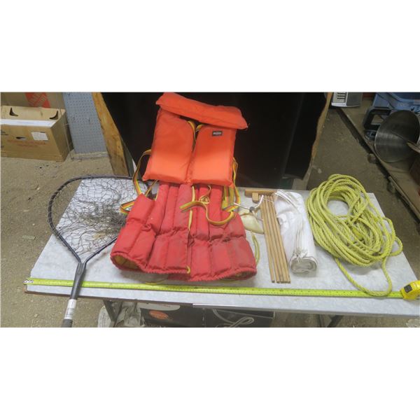Life Jacket Rope assorted lot - life jackets, fish net, rope, sprinkler, tarp, etc ...