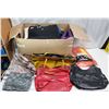 Image 1 : Box of assorted purses and misc clothing items - mens xl safety overalls, fabrics, etc.