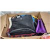 Image 5 : Box of assorted purses and misc clothing items - mens xl safety overalls, fabrics, etc.
