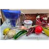 Image 2 : Box of misc items - Brita pitcher, Christmas décor, décor hanging fruit, dishes, etc.