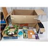 Image 1 : Box of Assorted items - Decorative seasonal items, cassette tapes, candy dish, beauty items, etc.