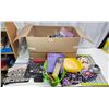 Image 1 : Box filled with large collection of items - Puzzles, kitchenwares, faucet and hose, Christmas décor,