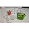 Image 1 : Assorted glasswares - Glass green purse filled with seashells (handle is broken), vases, etc.