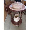 Image 9 : Antique wooden washing station with pitcher and bowl and mirror.