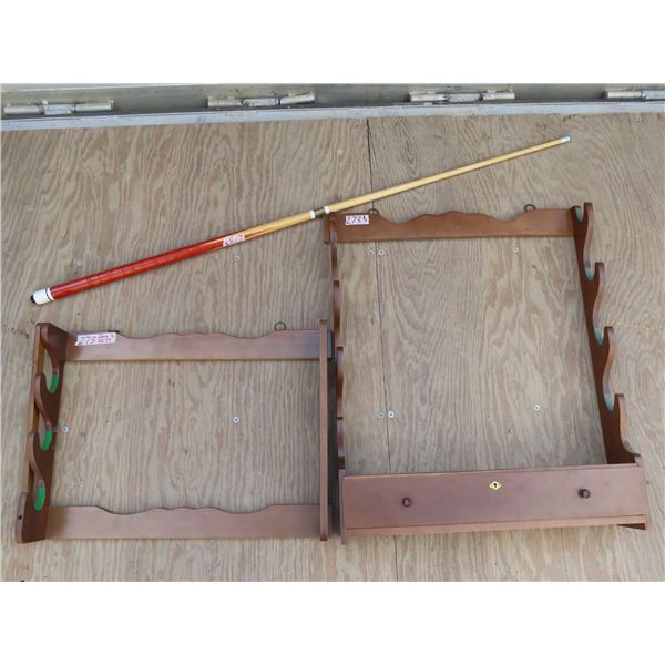 2 wooden gun racks & pool cue