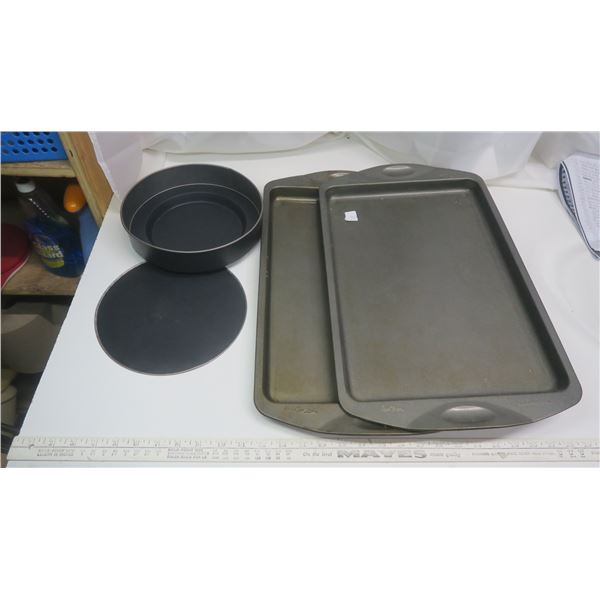 cookie sheets and flan pan