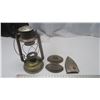 Image 1 : vintage Wright & Co. lamp (no globe), 2 sad irons and iron rest