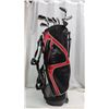 Image 2 : Black n Red "Alien" golf bag, with assorted golf clubs