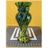 Image 1 : Polish, heavy "mouth blown" blue, yellow and green vase. 'Justyna', 16 in tall, base about 5 in acro