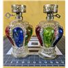 Image 1 : Two old hong kong coloured glass kerosene oil lamps. 10 in tall. Unused.