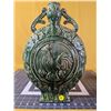 Image 1 : Green 14.5 in tall ceramic moon flask jug, with rooster and flower motif on both sides. Excellent co