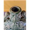 Image 5 : Green 14.5 in tall ceramic moon flask jug, with rooster and flower motif on both sides. Excellent co