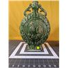 Image 6 : Green 14.5 in tall ceramic moon flask jug, with rooster and flower motif on both sides. Excellent co