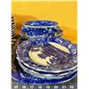 Image 2 : Huge lot  (19 pieces) of very heavy antique-ground kitchenware in the delft style. Nine 12 in plates