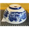 Image 3 : Huge, lovely antique-ground kitchenware bowl in delft style. Weighs a tonne. 16 in wide.