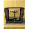 Image 6 : Antique scales, 1930s, in glass and wood case. Works. Glass case 18 in x 18 in.